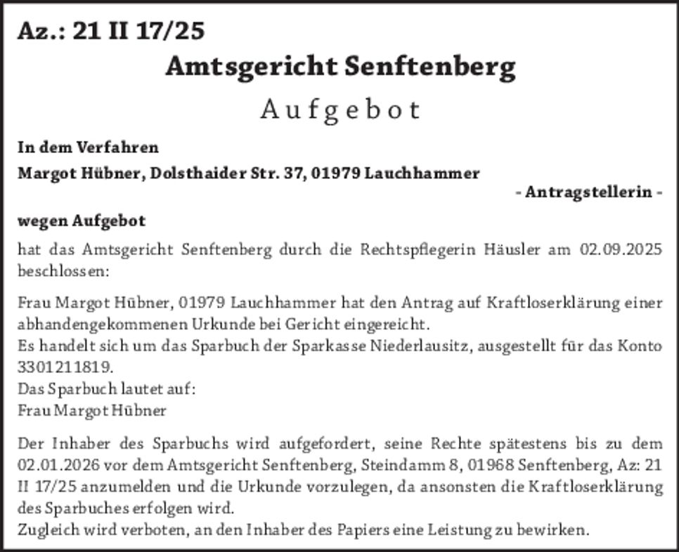 Aufgebot 21 II 17/25