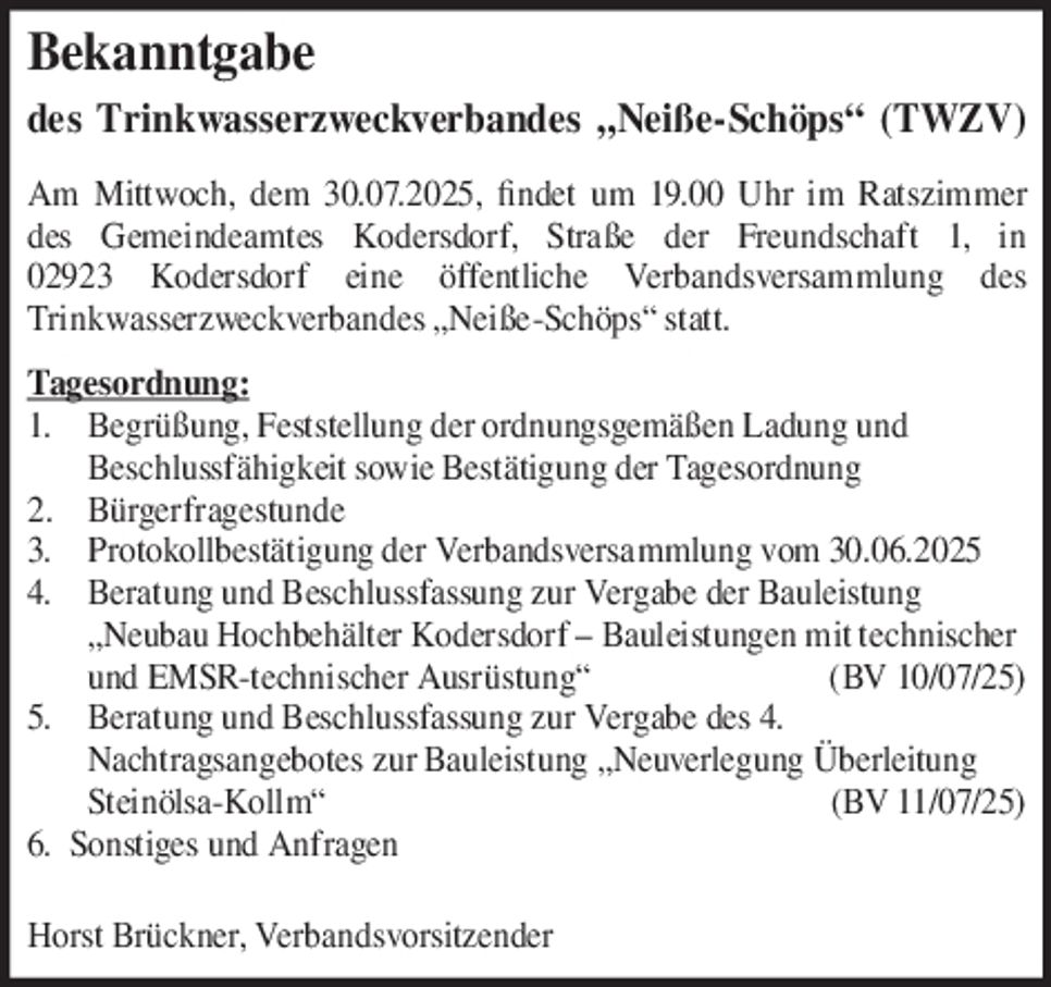 Bekanntgabe Einladung VV