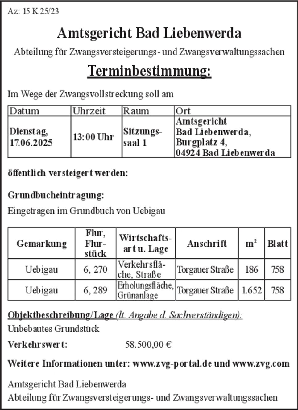 Zwangsversteigerung - Az: 15 K 25 / 23