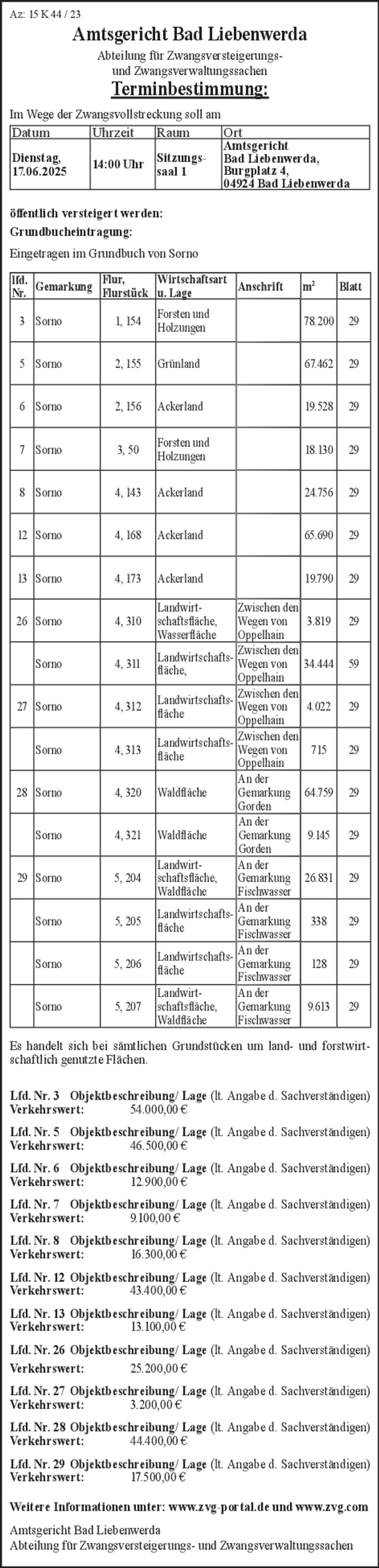 Zwangsversteigerung - Az: 15 K 44 / 23