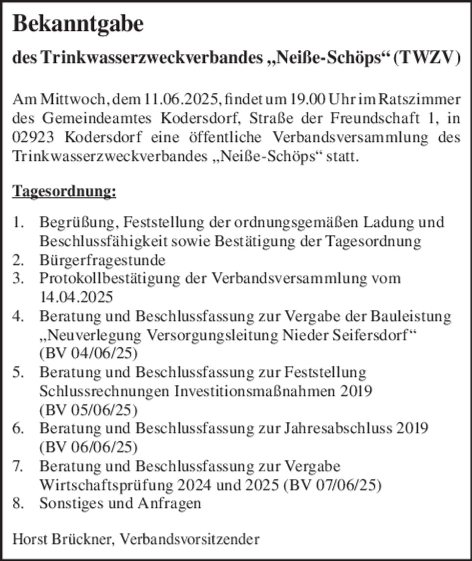 Bekanntgabe Trinkwasserverband/Einlad.